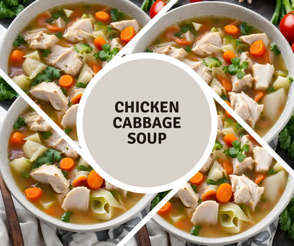 Bowl of chicken cabbage soup with vegetables and chicken chunks